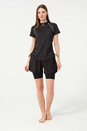 Tesmay 24156  Kısa Kol Yarım Fermuarlı Hızlı Kuruyan Kumaş Şortlu Taytlı Yarı Kapalı Mayo