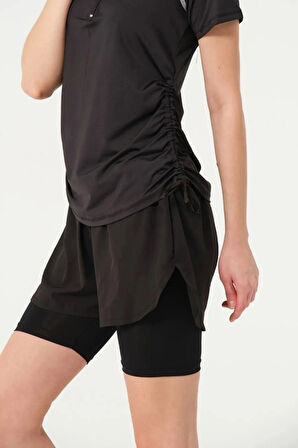 Tesmay 24156  Kısa Kol Yarım Fermuarlı Hızlı Kuruyan Kumaş Şortlu Taytlı Yarı Kapalı Mayo