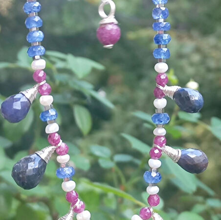 2415 Safir Yakut İnci gümüş el yapımı kolye