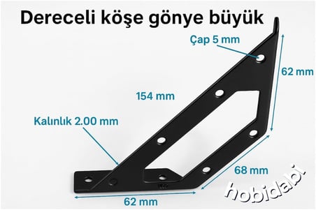 Mobilya Köşe Birleştirme Aparatı, Siyah Metal L Gönye Köşebent, 154x62x68 mm, 2.00 mm Kalınlık, Dolap Sabitleyici Bağlantı Demiri, Montaj Vidası ile Beraber, 4 Adet