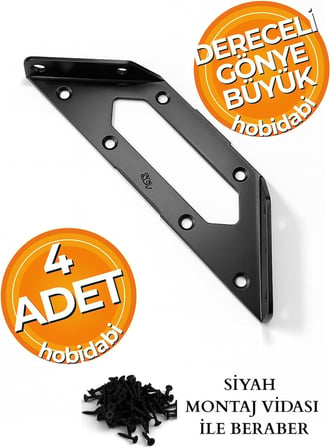 Mobilya Köşe Birleştirme Aparatı, Siyah Metal L Gönye Köşebent, 154x62x68 mm, 2.00 mm Kalınlık, Dolap Sabitleyici Bağlantı Demiri, Montaj Vidası ile Beraber, 4 Adet