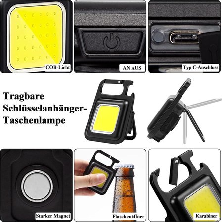 Anahtarlık Şeklinde Metal Kasa COB Kare Fener – Kamp &amp; Outdoor Suya Dayanıklı Mini COB LED Işıldak, Type‑C Şarjlı, Mıknatıslı Taşınabilir El Feneri Anahtarlığı