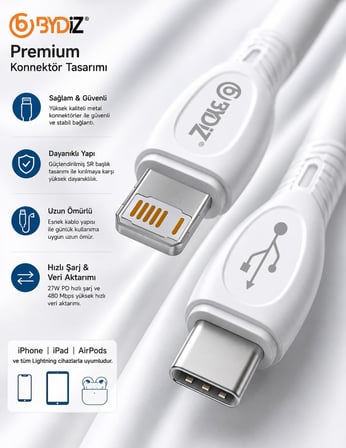 İPhone USB-C to Lightning Hızlı Şarj Kablosu Type-C PD Destekli 14/13/12/11 Pro Max Xs Max XR X AirPods Pro Uyumlu - Yeni Nesil Akıllı Çip (iOS Uyumlu)