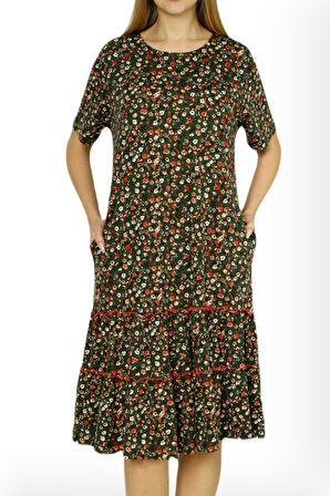 Kadın Çiçek Desenli Biye Detaylı Cepli Eteği Büzgülü Pamuklu Kısa Kollu Elbise