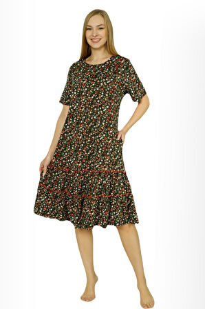 Kadın Çiçek Desenli Biye Detaylı Cepli Eteği Büzgülü Pamuklu Kısa Kollu Elbise