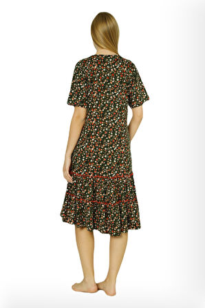 Kadın Çiçek Desenli Biye Detaylı Cepli Eteği Büzgülü Pamuklu Kısa Kollu Elbise