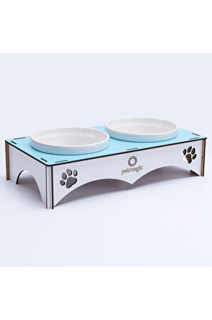 Petmagic Ahşap, Beyaz Seramik Kaseli Kedi, Mini Irk Köpek Mama Kabı, Açık Mavi