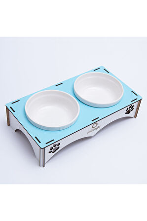 Petmagic Ahşap, Beyaz Seramik Kaseli Kedi, Mini Irk Köpek Mama Kabı, Açık Mavi