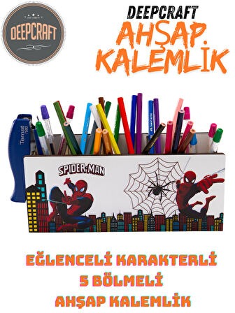 DeepCraft Ahşap Çocuklar İçin Masa Üstü Kare Kalemlik & Organizer-Ağ Spiderman