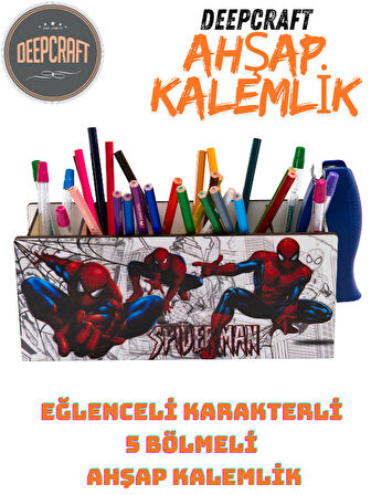 DeepCraft Ahşap Çocuklar İçin Masa Üstü Kare Kalemlik & Organizer-Spiderman