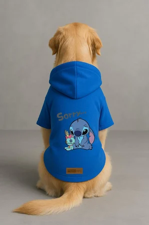 Baskılı İçi Polarlı Köpek Ve Kedi Kıyafeti &amp; Elbisesi - Mavi Renk Kapüşonlu Hoodie Bfb4E S