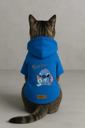 Baskılı İçi Polarlı Köpek Ve Kedi Kıyafeti &amp; Elbisesi - Mavi Renk Kapüşonlu Hoodie Bfb4E S