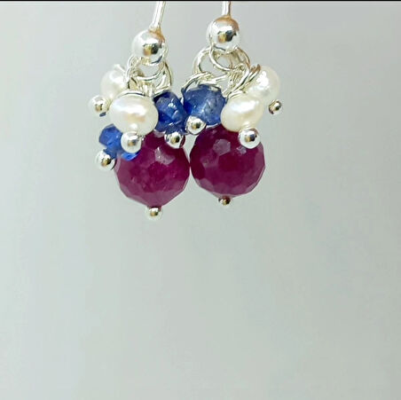 2416 Yakut Safir İnci gümüş el yapımı küpe