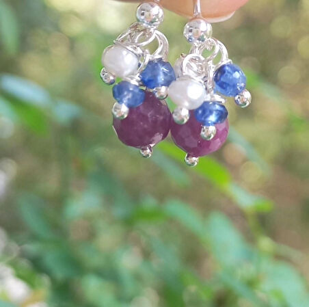 2416 Yakut Safir İnci gümüş el yapımı küpe