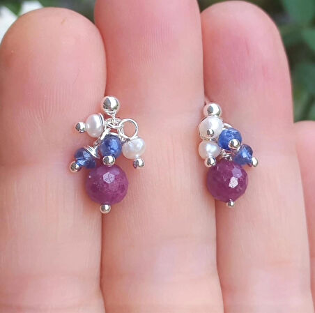 2416 Yakut Safir İnci gümüş el yapımı küpe