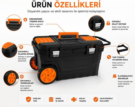 Orret Home Small Tekerlekli Çekmeli Takım Sandığı, Metal Kilitli Tepsili Alet Çantası, El Aleti Hırdavat Organizeri, Tornavida Pense Matkap Takım Kutusu (Small)