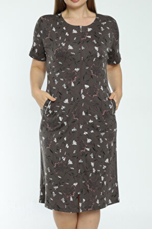 Kadın Çiçek Desenli Fermuarlı Cepli Büyük Beden Pamuklu Kısa Kollu Elbise