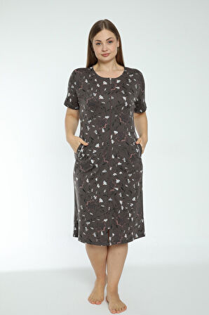 Kadın Çiçek Desenli Fermuarlı Cepli Büyük Beden Pamuklu Kısa Kollu Elbise