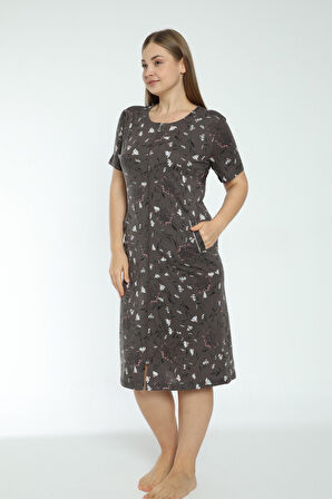 Kadın Çiçek Desenli Fermuarlı Cepli Büyük Beden Pamuklu Kısa Kollu Elbise