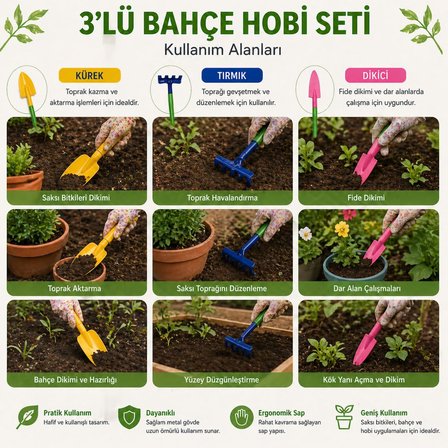 3’lü Mini Bahçe Hobi Seti Kürek Tırmık Dikici Seti Kaktüs Sukulent Saksı Bitkileri İçin El Aletleri Çiçek Dikim Seti (ASORTİ RENK)