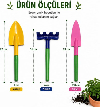 3’lü Mini Bahçe Hobi Seti Kürek Tırmık Dikici Seti Kaktüs Sukulent Saksı Bitkileri İçin El Aletleri Çiçek Dikim Seti (ASORTİ RENK)