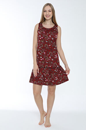 Desenli Eteği Büzgülü Askılı Pamuklu Elbise