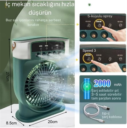 Şarjlı 600 ml Su Hazneli Taşınabilir Masaüstü Vanilatör Güçlü Fan ve 2000 mAh Pil Beyaz