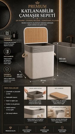 Lüks Bambu Kapaklı Kirli Çamaşır ve Oyuncak Sepeti Beyaz Renk 40x30x60 cm 72 Litre
