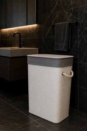 Lüks Bambu Kapaklı Kirli Çamaşır ve Oyuncak Sepeti Beyaz Renk 40x30x60 cm 72 Litre