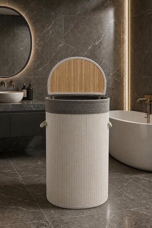 Lüks Bambu Kapaklı Kirli Çamaşır ve Oyuncak Sepeti Beyaz Renk 40x30x60 cm 72 Litre