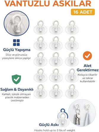 Şeffaf Cam Vantuzlu Askı Seti 16’lı, 3 cm x 3 cm Kompakt Tasarım, 3 cm Çap Güçlü Vakumlu Yapışma, Delme ve Vidalama Gerektirmez, İz Bırakmadan Sökülebilir, Banyo Mutfak Duş Camı Fayans İçin Uygun
