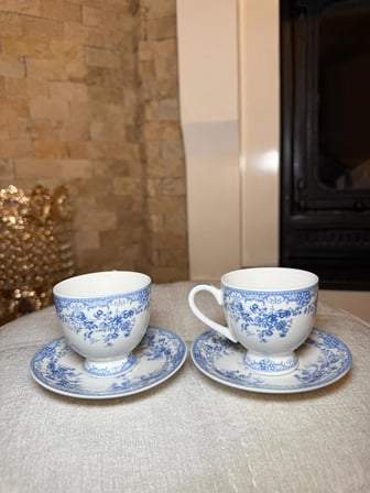 Vintage Mavi Toi Desenli 2’li Kahve Fincanı Takımı – Porselen Fincan & Tabak Seti