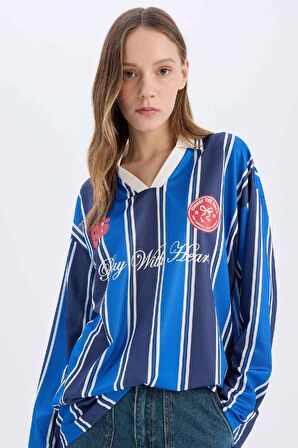 DeFacto Coool Oversize Geniş Kalıp Polo Yaka Baskılı Forma Kumaşı Uzun Kollu Tişört E5373AX25SPNV241