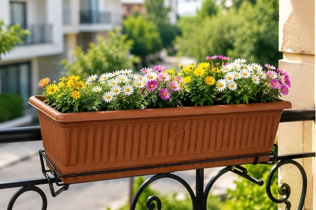 Kemer Balkon Saksısı, Dikdörtgen Plastik Saksı, Kahverengi, Geniş Hazneli, Çiçeklik (50 cm-9,5 L)