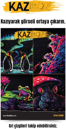 Kazboz Kazıma Sanatı Seti, Hayvanlar Temalı, Kağıt, 205x290 mm, Ahşap Kalem Dahil