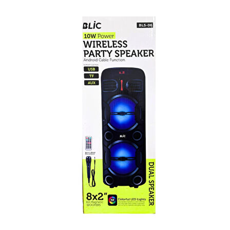 BLS-06 10W Led Işıklı, Mikrofonlu 8''X2 Party Speaker Hoparlör