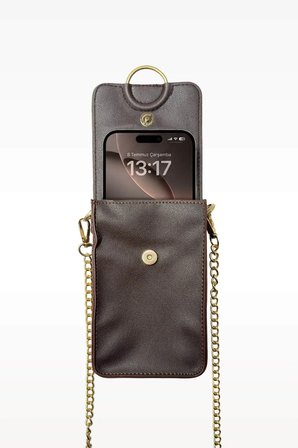 Glondy Bianca Suni Deri Zincir Askılı Kadın Omuz Çantası Çapraz Telefon Çantası Kahverengi