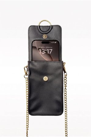 Glondy Bianca Suni Deri Zincir Askılı Telefon Çantası Siyah