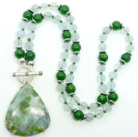 2421 Amphibolite Akuamarin Yeşim Hematit el yapımı düğümlü kolye