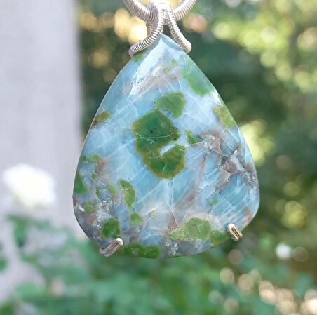 2421 Amphibolite Akuamarin Yeşim Hematit el yapımı düğümlü kolye