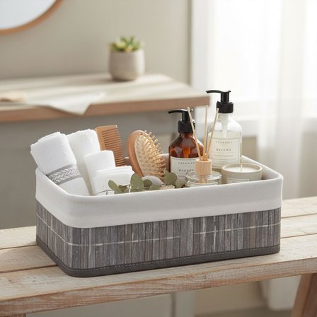 Bambu Detaylı Çok Amaçlı Saklama Kutusu – 25x15x8 cm Dekoratif Kumaş Organizer | Mutfak, Banyo, Dolap İçi ve Raf Düzenleyici | Çekmece İçi Derin Organizer Kutu Gri
