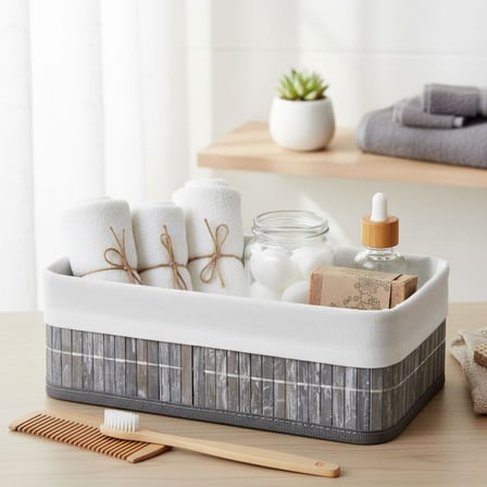 Bambu Detaylı Çok Amaçlı Saklama Kutusu – 25x15x8 cm Dekoratif Kumaş Organizer | Mutfak, Banyo, Dolap İçi ve Raf Düzenleyici | Çekmece İçi Derin Organizer Kutu Gri