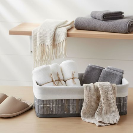 Bambu Detaylı Çok Amaçlı Saklama Kutusu – 25x15x8 cm Dekoratif Kumaş Organizer | Mutfak, Banyo, Dolap İçi ve Raf Düzenleyici | Çekmece İçi Derin Organizer Kutu Gri