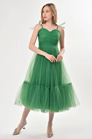 Omuzları Bağlamalı Renkli Tül Abiye Elbise