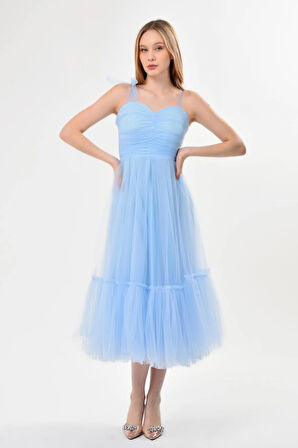 Omuzları Bağlamalı Renkli Tül Abiye Elbise