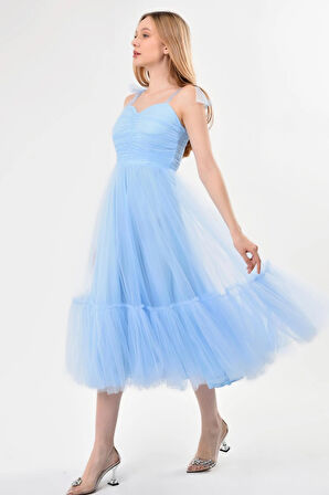 Omuzları Bağlamalı Renkli Tül Abiye Elbise