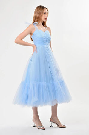 Omuzları Bağlamalı Renkli Tül Abiye Elbise