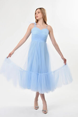 Omuzları Bağlamalı Renkli Tül Abiye Elbise