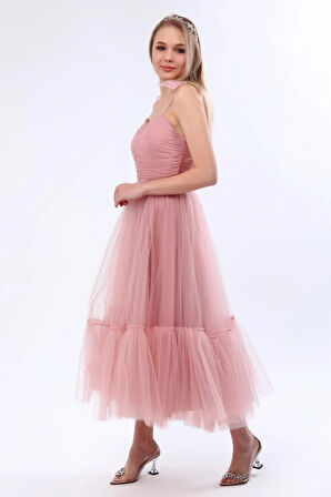 Omuzları Bağlamalı Renkli Tül Abiye Elbise