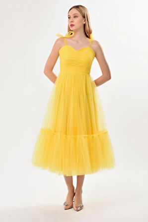 Omuzları Bağlamalı Renkli Tül Abiye Elbise